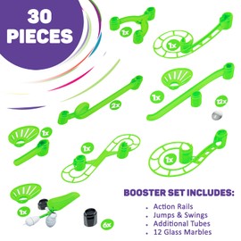 Marble Genius Add-on Accessory Marble Rails Booster Set, 30 Piece Marble Run for Kids 8+ (Action Rails, Jumps, Swings, Tubes & 12 Glass Marbles), STEM, Great for Kids & Teens