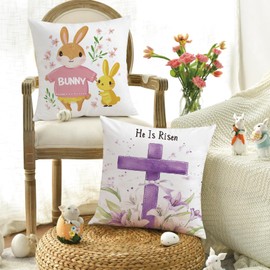 Mimkus Easter Pillow Covers 18x18 Set of 4 Bunny Carrots Colorful Flower Pillowcase Soft Velvet Spring Easter Farmhouse Decor Cushion Case for Couch Sofa Patio Garden