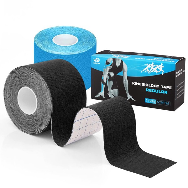 AnjoCare Kinesiology Tape (Uncut), Elastic Therapeutic Sports Bands for Muscles and Joints, Physio Tape for Shoulder, Ankle, Elbow and Knee Support (2 Rolls 5 m x 5 cm) Blue + Black