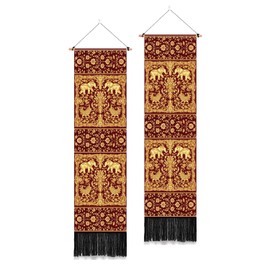 PLIGREAT 2 Pack Gold Elephant Tapestry Indian Motifs Wall Hanging with Tassels Aesthetic Maroon Wall Tapestry for Living Room Bedroom Bathroom Long Narrow Wall Hanging Home Office Art Decor, 46"x 13"