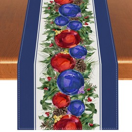 Linen Blue Christmas Table Runner Christmas Tabelcloth Winter New Year Xmas Decor Blue Christmas Decorations and Supplies for Home Kitchen Table-13×72’’