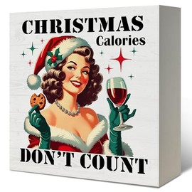 LUKIPOM Funny Christmas Signs, Retro Christmas Wooden Box Signs, Vintage Christmas Decor, Retro Christmas Decorations, Christmas Wood Signs for Home Bar Kitchen Desk Shelf Table Decor, 5x5 Inch