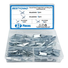 TOP-VIGOR 32Pcs Plasterboard Fixings, M3/M5/M6 Wing Spring Toggle Bolts and Drywall Screws, Hollow Anchors Kit, Heavy Duty Wall Plugs for Plasterboard, Cavity Wall, Fibreboard(50/80mm)