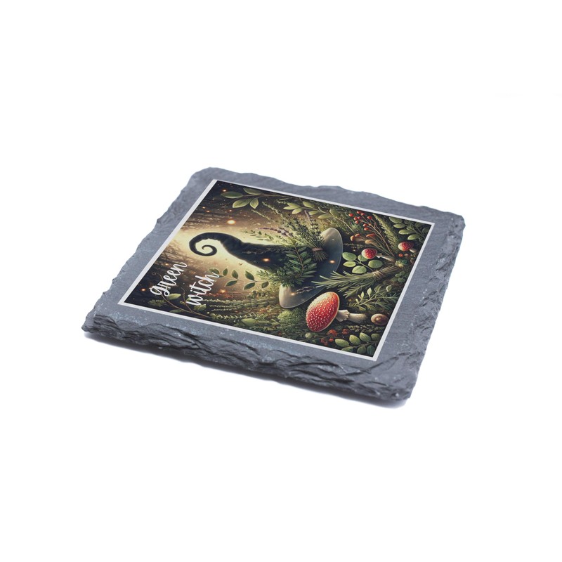 Green Witch Slate Coaster – Mystical Herb and Nature Design