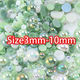 30g Colorful Half Round Pearls Green,Flatback Pearl Beads for Embellishment DIY Crafting(3MM-10MM)