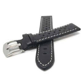 Bandini 22mm Mens Italian Leather Watch Band Strap - Black with White Stitch - Vented Racer - GT Rally