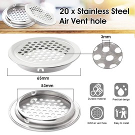 DECARETA Air Vent Hole,Ventilation Grille Round Cover Covers Stainless Steel Louvred Vents Louver,20 Piece Perforated 53MM Mesh Hole for Kitchen Bathroom Cabinet Wardrobe Shutter Shoe Cabinet(Silver)