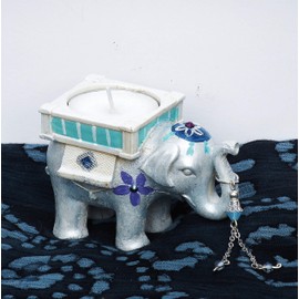 Decorative Hand Painted Blue Boho Elephant Gift Boxed Tea Light Candle Holder Set Bohemian Home Decor Accents Decorations Goddess Arts Collection