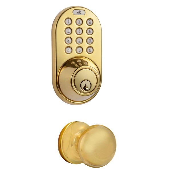 MiLocks TFK-02P Digital Deadbolt Door Lock and Passage Knob Combo with Keyless Entry via Keypad Code for Exterior Doors, Polished Brass