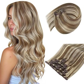 Sunny Hair Sunny Hair Clip in Hair Extensions Straight Human Hair Clip in Extensions Remy Clip in Hair Extensions Real Human Hair Extensions Clip ins Highlight Light Brown with Platinum Blonde 24inch
