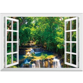 FLFK Fake Window Wall Mural - Jungle Waterfall Faux Window Wall Sticker for Wall Decor, Peel and Stick Wall Decals,48"x32",Set of 2 Sheets