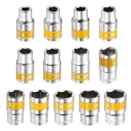 HARFINGTON 13pcs 1/2" Drive 6 Points Socket 8-20mm Metric Shallow Impact Socket CR-V Steel Flip Socket Spindle Axle Nut Impact Socket for Home Auto Hex Nuts Bolts Repair, Silver Yellow
