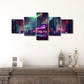 Canvas Wall Decor Artwork Modern Multi Panel Poster Cyberpunk City Shopping Center Picture Prints on Canvas for Cool Boy Living Room Bedroom Wall Canvas Decor Stretched and Framed to Hang 50x24 Inch