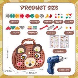 Magic Montessori Play Toolbox, Montessori Toy Box with Drill, Montessori Toy from 3 Years, 3D Puzzle Mosaic Toy, Creativity Tool Box with Drill for Children from 3-12 Years, Bear