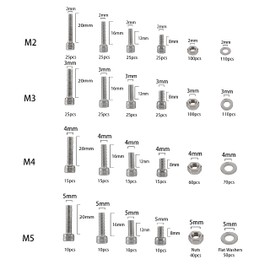 KOXXIAMOQ 945 Piece Cylinder Screws with Hexagon Socket Screws with Nuts Set, M2 M3 M4 M5 Screws Set, Stainless Steel Machine Screws, Threaded Screws with Nuts and Washers Set (945)
