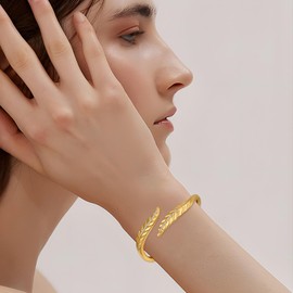 YUJIE Gold Leaf Hinge Bangle Sparkly Rhinestone Statement Bracelet Cuff Bracelets 14K Plated Women Fashion Jewelry