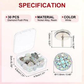 PATIKIL 30Pcs Diamond Push Pins, Glitter Rhinestone Decorative Thumb Tacks Shiny Push Pins for Cork Board Bulletin Board Photo Memo Wall Hangings, White