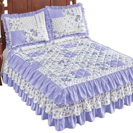 Collections Etc Beautiful Floral Patchwork Ruffled Quilt Top Bedspread Periwinkle Twin