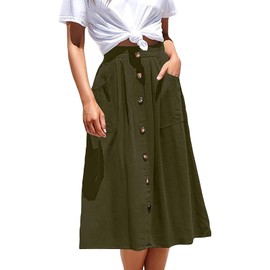 Ladybranch Midi A-line Skirt Elastic Waist Button Front Skirts with Pocket for Women S-XL
