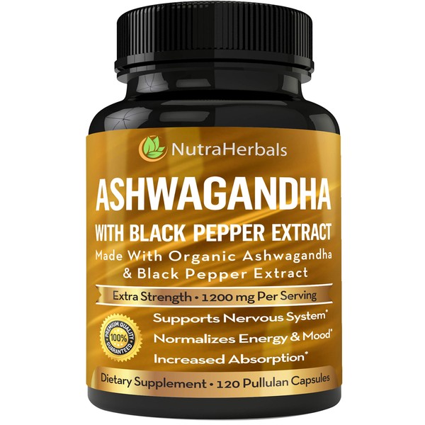 Ashwagandha Supplement Made with Organic Ashwaganda Root Powder 1200mg with Black Pepper Extract for Increased Absorption - 120 Pullulan Capsules