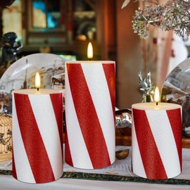 HN HAIINAA Christmas Red Stripes Glitter Flickering Flameless Candles, Battery Operated Pillar Real Wax LED Candle with Timer for Home Christmas Party Decor D3 x H4 5" 6" Set of 3