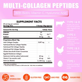 Nature4U Multi Collagen Peptides Powder 10g - Type I, II, III, V, X Hydrolyzed Collagen Protein Powder with Biotin, Hyaluronic Acid, Vitamin C for Hair, Skin, Nails & Joint Support - Unflavored 1.1 lb