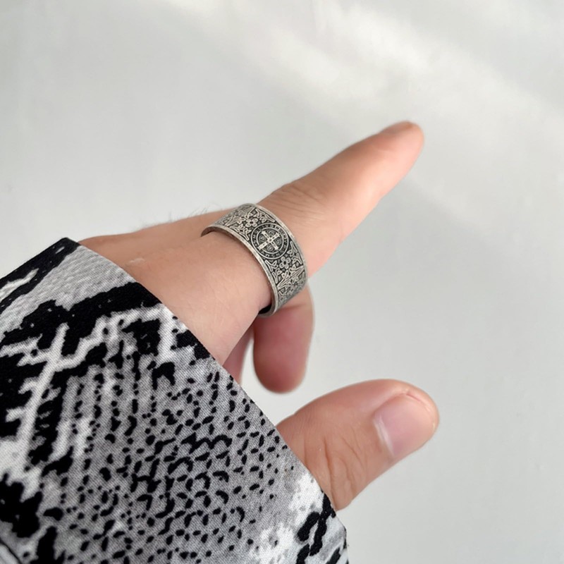SMANXEY Exorcist Saint Benedict Vintage Titanium Steel Ring, Christian Protection