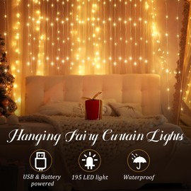 195 LED Curtain Tapestry Lights Backdrop String Lights, 6.5 x 5 Feet Hanging Fairy Curtain Lights with 8 Lighting Modes and Remote for Bedroom Window Wall Indoor Outdoor Graduation Decor(1)
