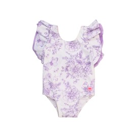 RuffleButts Girls UPF50+ Sun Protection Sleeveless Butterfly Sleeve/Waterfall One Piece Swimsuit - Wisteria Purple Butterfly Garden Toile, 3T