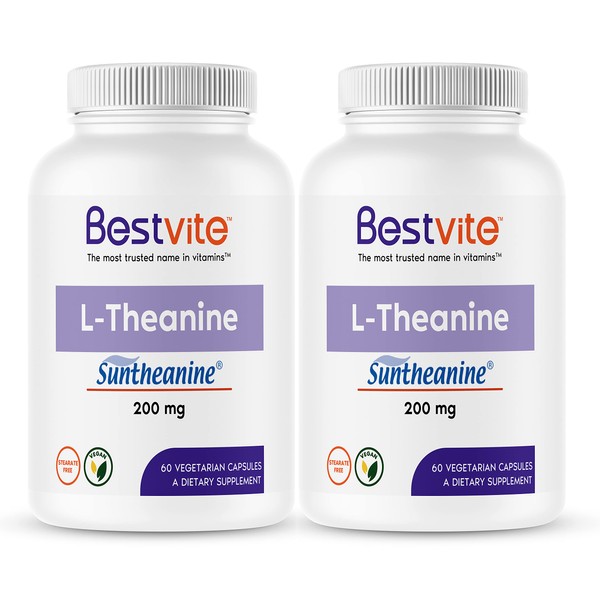 BESTVITE L-Theanine 200mg with Patented and Clinically Studied Suntheanine (120 Vegetarian Capsules) (2 x 60) - No Stearates - Vegan - Non GMO - Gluten Free