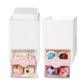 DeziWood 50 Pack Charcuterie Boxes with Clear Lids, 5.3x4.9x2.5 Inches Disposable To Go Food Containers with 50 PCS Stickers, Square Cookie Boxes for Slice Cake, Sandwich, Strawberries (White)