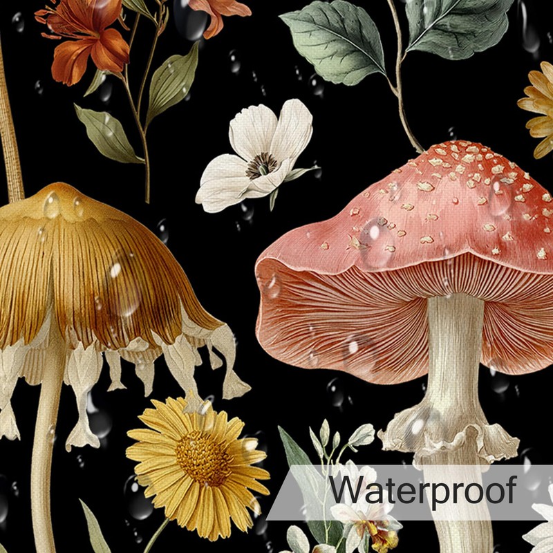 DEMCEAR Country Mushroom Floral Shower Curtain,Black, 72W X 72L inches