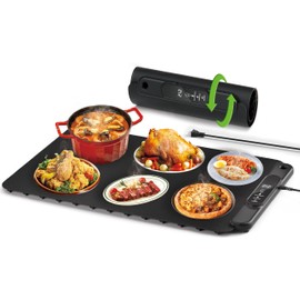 Food Warming Mat Electric Tray: YTLAD Silicone Heating Pad with 6 Level Adjustable Temperature and 5 Hours Timer & Kids Lock, Foldable Food Warmers for Parties, Home, Daily Use (Black, 25.6" x 15.55")