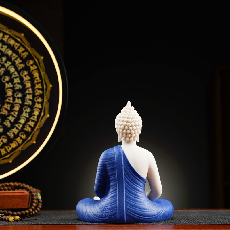 Houlu Blue Buddha Statue and Circle LED Table Lamp, Ceramic