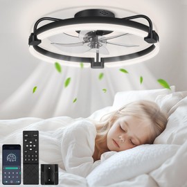 OUTON 20" Ceiling Fan with Light, Remote & App Control, Fandelier Low Profile Flush Mount Ceiling Fan with 3000K-6500K Stepless Dimmable, 6 Speed, Quiet DC Motor, Small Modern Ceiling Fans for Bedroom
