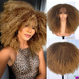 ZadaBelly 18Inch Long Afro Brown Curly Wig With Bang for Black Women Bomb Kinky Curly Wig Heat Resistant Puffy and Fluffy Bouncy Curly Synthetic Hair,Natural Looking（Ombre Light Brown）