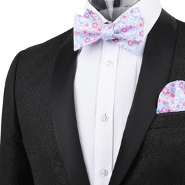 Alizeal Mens Self Tied Floral Classic Bow Tie and Pocket Square Colorful Wedding Party Bow Tie and Handkerchief Set, Light Blue+Pink