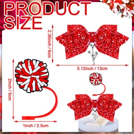 RimCereal 36 Pcs Cheerleading Tumbler Accessories, 12 Pcs 10 mm Straw Cover Straw Toppers, 12 Glitter Bows and 12 Cheerleaders Pendants Charms for Tumblers decor Cheerleading Gifts (Red)