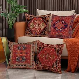 Geliking Sofa Cushion Covers 45cm x 45cm Set of 4 Bohemian Style Decorative Throw Pillow Covers 18 x18 Inch Linen Square Exotic Pillow Cases for Couch Bedroom Home Office (Exotic Red)