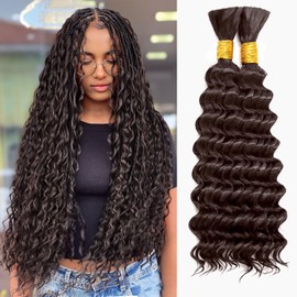 200G Braiding Hair for Boho Braids 18 Inch Curly Bohemian Hair for Braiding Knotless No Weft Deep Wave Water Bulk 2 Bundles Natural Color Chocolate Brown