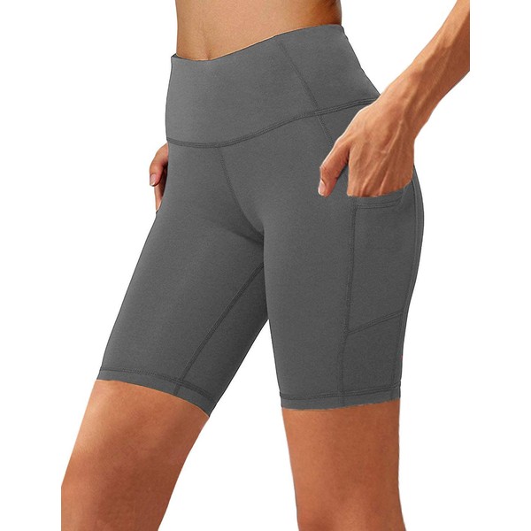 Aoliks Women's High Waist Yoga Short Side Pocket Workout Tummy Control Bike Shorts Running Exercise Spandex Leggings (Grey, M)