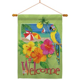 Breeze Decor HS106066-BO-03 Welcome Tropical Summer Fun in The Sun Decorative Vertical House Flag Set, 28"x 40" w/Flagpole, Multi-Color