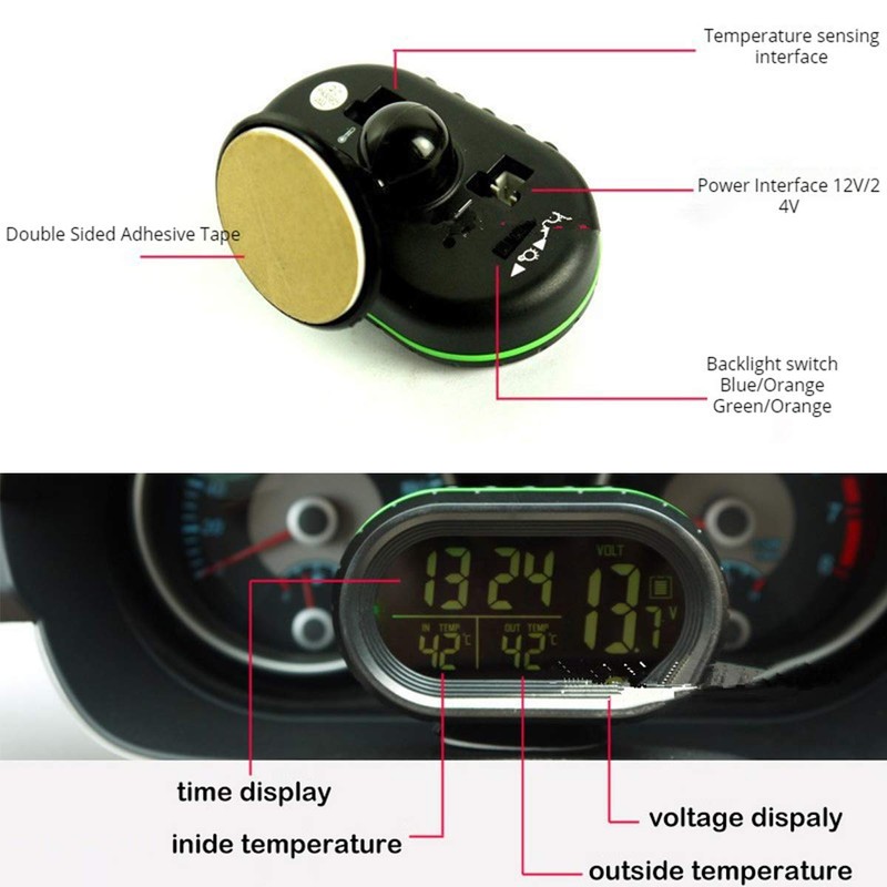 Ruspela Car Thermometer Digital Clock Car Vehicles Dual Temperature Display