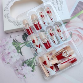 24Pcs Valentines Press on Nails Long Coffin Fake Nails with Hollow Out Heart Nails Charms Design French Tip False Nails Glossy Full Cover Glue on Nails Valentines Heart Acrylic Nails for Women