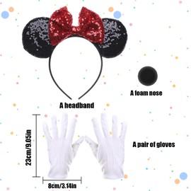 Mouse Ears Headband, Shiny Bows Glitter Headband, Gloves, Black Nose, Party Decoration Cosplay Costume for Kids Girls Women Princess Party Decorations