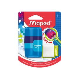 Maped - 2in1 Radier/ Anspitzer CONNECT, 2-Loch für dicke und dünne Stifte, nachfüllbar, inkl. Ersatz-Radierer - grün, blau, pink - zufällige Farbauswahl
