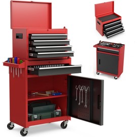 HOMGX 5-Drawer Tool Combination Cabinet, Rolling Toolbox w/Detachable Top & Adjustable Shelf, Lockable Wheels & Sliding Drawers, Large Capacity Tool Storage Cabinet for Garage Workshops (Red+Black)