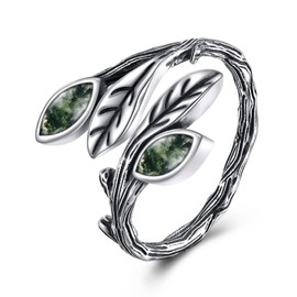 POPLYKE Leaf Moss Agate Ring Sterling Silver Boho Adjustable Open Ring Green Gemstone Spoon Ring Vintage Thumb Rings for Women