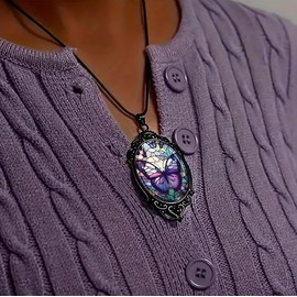 wsycoo Butterfly Necklace for Women Unique Glass Cameo Purple Butterfly Pendant Necklace Trendy Purple Charm Necklace Butterfly Jewelry for Women