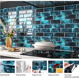 FunStick Dark Blue Subway Tile Peel and Stick Backsplash for Kitchen 12"x12" Peel and Stick Tile Back Splash Stick on Tiles for Bathroom Self Adhesive Wall Tile Stickers for Shower Waterproof 5 Sheets